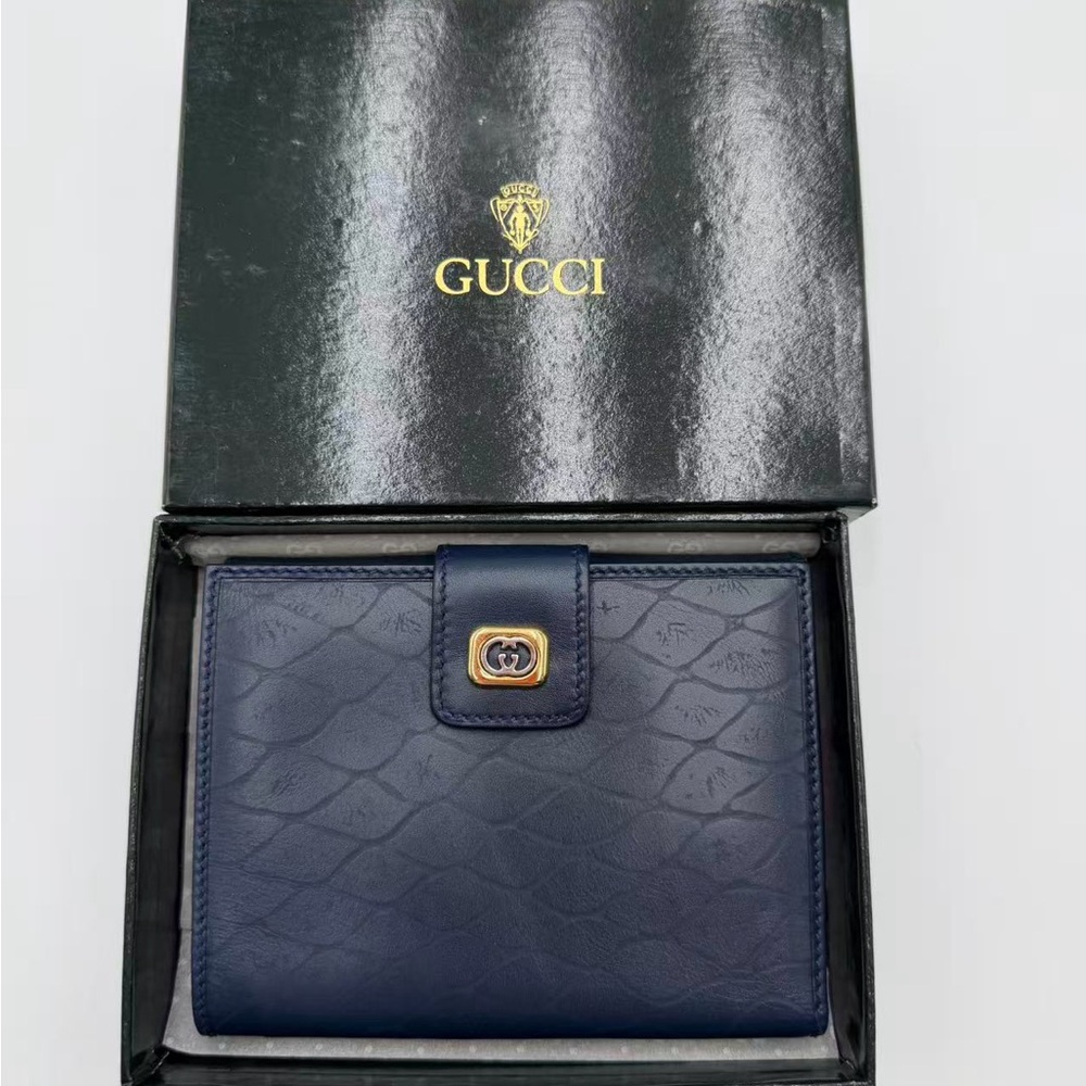 Gucci Navy Embossed Leather Card Holder with Gold-Tone Snap
